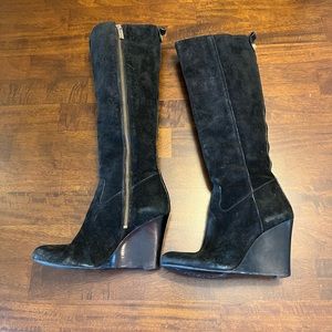 Tory Burch Suede Black Knee-High Wedge Boots - Sz 7.5
